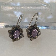 Vintage Amethyst Marcasite Earrings 1″