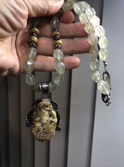 24. Vintage 925 Sterling Faceted Prehnite Beads Carved stone Pendant Necklace