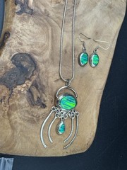 VTG Sterling Silver CHOEN MEXICO Blue Fire Opal Inlay Necklace Pendant Earrings