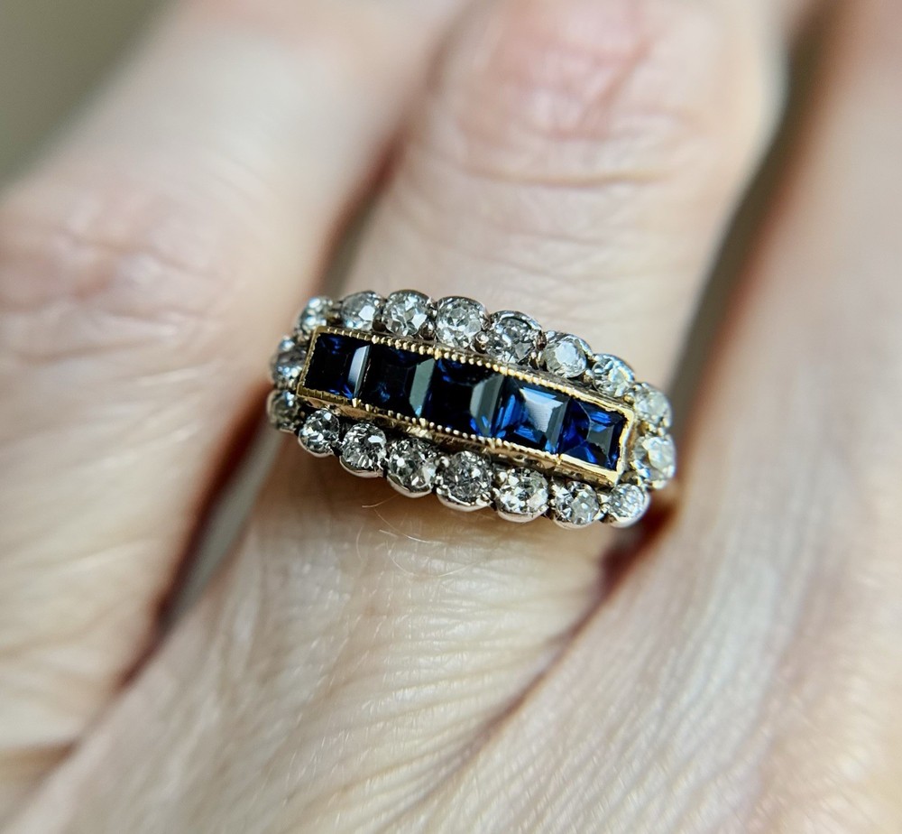 Antique 14K Gold Sapphire & Diamond Saddle Ring Victorian Edwardian Estate 7.25