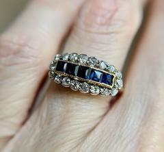 Antique 14K Gold Sapphire & Diamond Saddle Ring Victorian Edwardian Estate 7.25