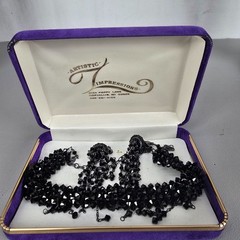 Black Crystal Glass Beaded Dangle Clip-On Earrings & Choker Set