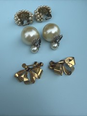 3 Sets of Antique Clip On Earrings Gold And Pearl