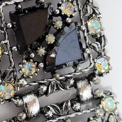 Wide Rhinestone Panel Bracelet 5 link & Earrings Set ab black rhinestones vtg