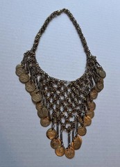 Vintage Boho Gold Tone Chainmail Coin Bib Choker Statement Necklace 18” H3
