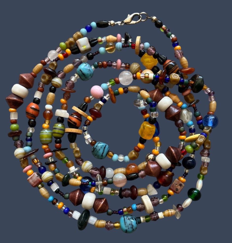 Vintage Artisan Beaded Necklace Glass Beads Mixed Colors Sizes 60″ OOAK Boho Art