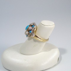 Antique Victorian 14k Gold Ring w Persian Turquoise and Seed Pearls size 6.75