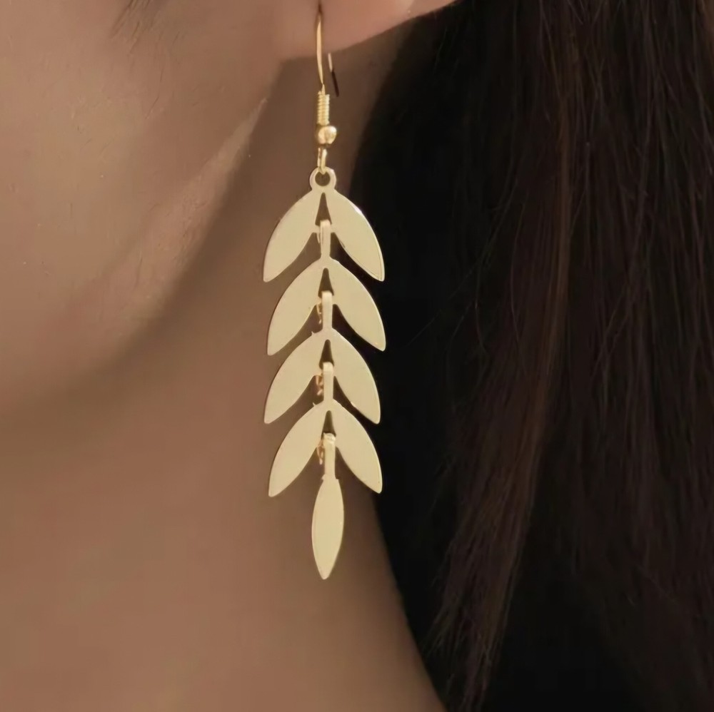 Gold Wheat Leaf Dangle Earrings