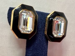 VTG Signed Trifari Black Enamel Clear Crystal Octagon Gold Tone Pierced Earrings
