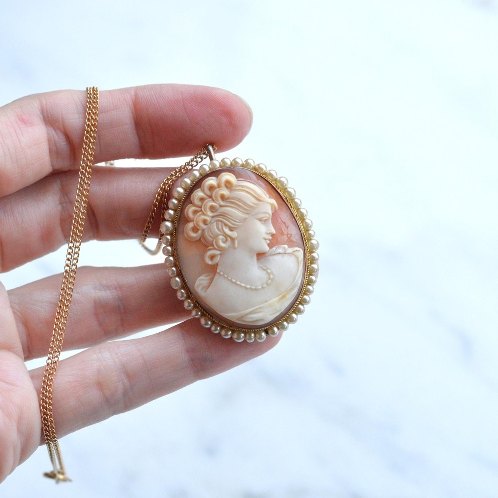 Antique Edwardian 800 Silver Gold Cameo Pearl Halo Brooch Pendant Necklace