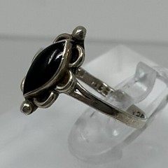 Vintage Signed Sterling Silver Marquise Onyx Flush Setting Size 7 Ring