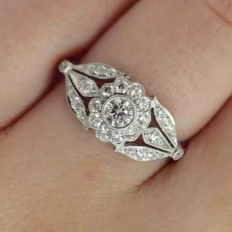 Art Deco Style Round Cut Lab Created Diamond 14k White Gold Finish Wedding Ring