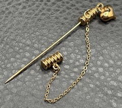 Vintage Gold Tone Stick Pin with Heart Charm Dangle & Chain