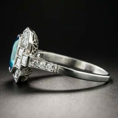 Art Deco Blue Topaz & Lab-Created Diamond Halo Wedding 14K White Gold FN Ring