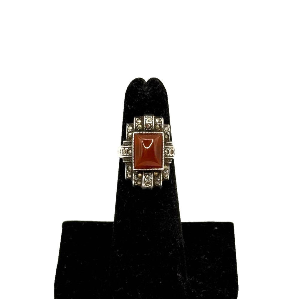 Vintage Art Deco STERLING SILVER Orange Carnelian Stone Marcasite Ring Size 4.25
