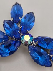 Beautiful Large Silver-Toned Brooch with Brilliant Blue Marquise Rhinestones