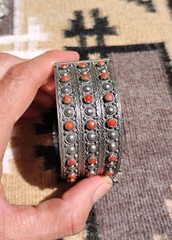 Vintage Tibetan/Himalayan Silver Alloy Coral Hinged Bangle Bracelet-68.2g-8.1″