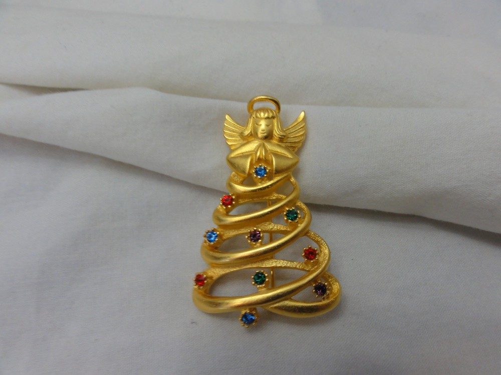 Vintage Goldtone Rhinestone Angel Topped Christmas Tree Brooch