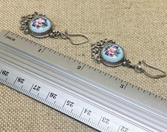 Vintage Earrings Rostov Finift Russian Enamel Painted Floral Dangle Silver Tone