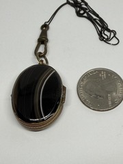 Victorian Double Sided Oval Banded Agate & Agate Locket Pendant Necklace 18”