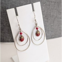 Vintage Silver Tone Bohemian Style Teardrop Lady Bug Charm Layered Earrings