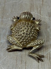 VTG 1990’s ERWIN PEARL DESIGNER GOLDTONE with BLACK GLASS EYES FROG TOAD BROOCH