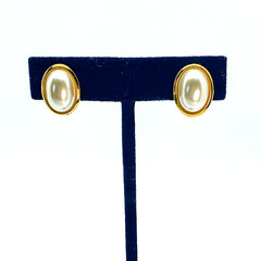Vintage Napier Earrings Faux Pearl Oval Screw Back Hinged Clip Gold Tone Signed