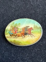 Vintage Russian Silver & Mother of Pearl Sleigh Ride Painted Brooch Pin 2”