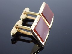 Vintage Gold Tone Red Stone Rectangular Cufflinks Mid Century Style