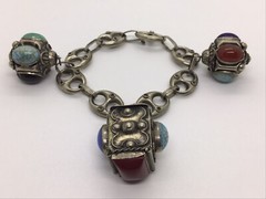 MCM VTG Etruscan Mediterranean Silver 800? Charm Bracelet 54g 8.5″ Turquoise