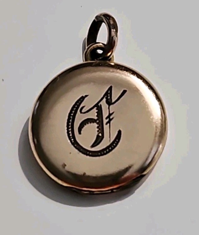 Victorian Petite Rose Gold Fill Round Photo Locket Charm “C” Monogram Antique