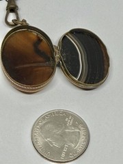 Victorian Double Sided Oval Banded Agate & Agate Locket Pendant Necklace 18”
