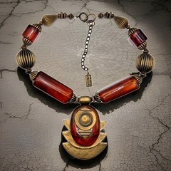 Vintage Anthony Alexander Amber Lucite Oriental Chunky Statement Necklace 20″