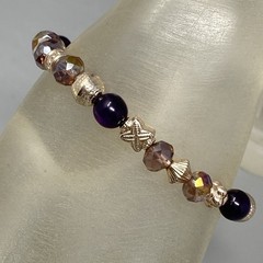 Glass Beaded Bracelet Pink Purple Faceted Fire Polished Acrylic Gold Tone 6.5″