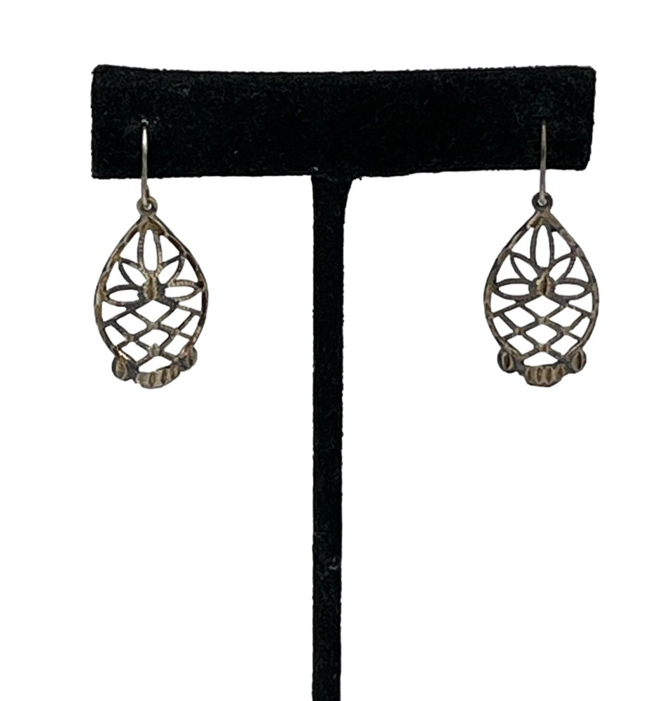 Vintage Sterling Filigree French Wire Teardrop Earrings Marked 925 Weave Flower