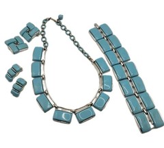 4 Pc Vintage LISNER Aqua Blue Thermoset Silvertoned Bracelet Necklace 2 Earrings