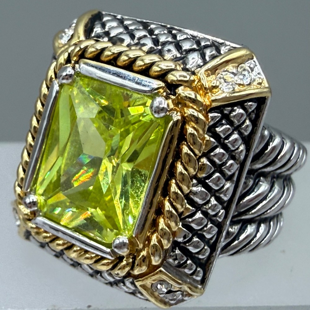 ESTATE GOLD SILVER PLATED MIX METAL CABLE LIME GREEN CRYSTAL UNISEX RING SIZE 5