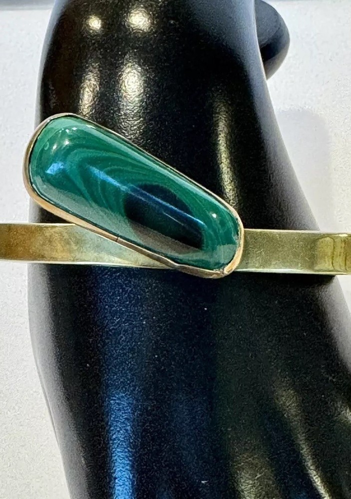 Vintage Malachite & Thick Copper Cuff Bracelet Retro Art Deco Revival Design 30g