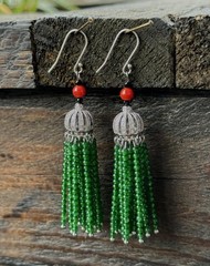 Earrings tassel pendant natural red coral green agate beads 925 Sterling silver