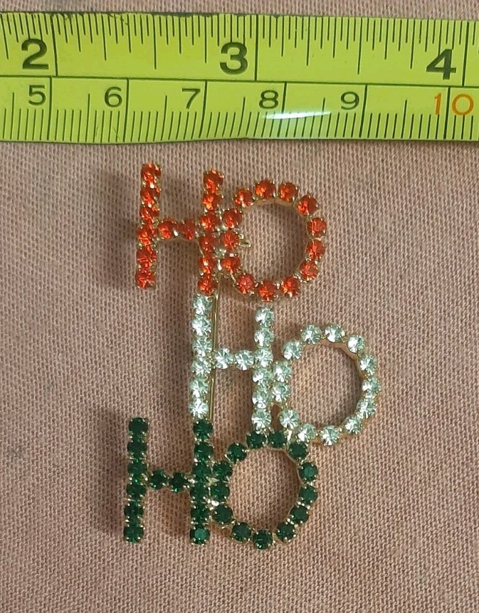 Vtg Ho Ho Ho Red White/Clear and Green Rhinestone Brooch Pin Christmas Holiday