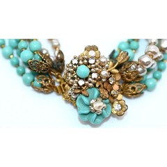 Vintage Signed Miriam Haskell Turquoise Bead Bracelet & Clip On Earrings Set