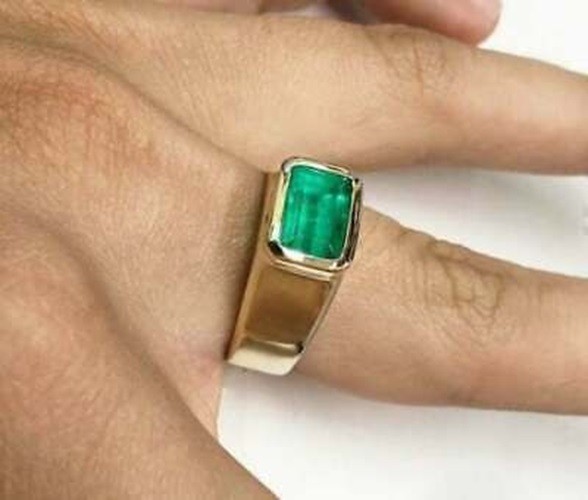 Art Deco Vintage 3.20 Ct Natural Emerald Men’s Wedding Ring 14K Yellow Gold Over
