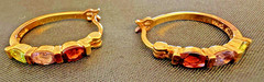 Vintage 925 Silver Multi-Gemstone J-Hoop Earrings Gold Vermeil Garnet Amethyst