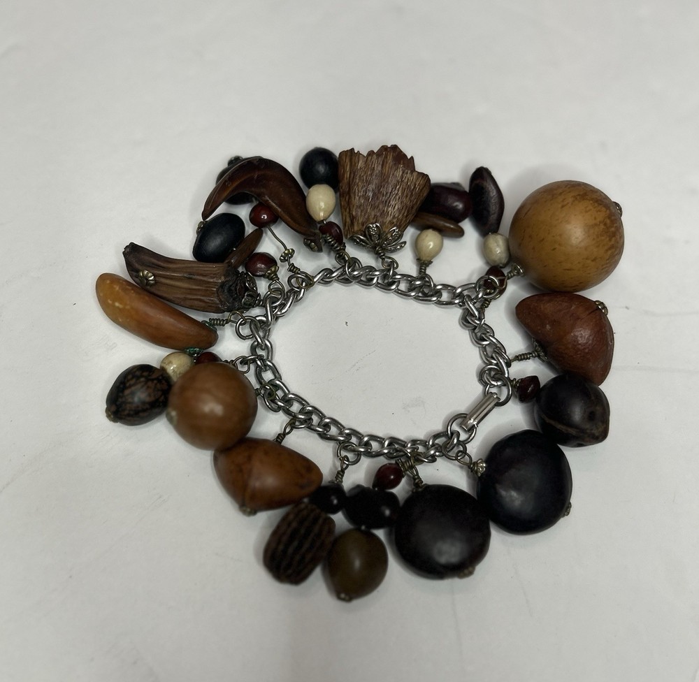 Vintage Nut Charm Bracelet 7” Nature Seed Pod Fruit Cluster Chain Jewelry
