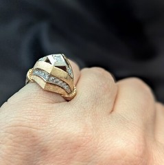 Vintage 1940s Retro Diamond Dome Heavy Ring 14k Two-Tone Gold Cocktail