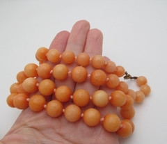 Vintage Peach Angel Skin Facet Glass Round 12mm Ball Pink Knotted Necklace 24 In