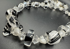 Art Deco Style Glass Bead Necklace Clear & Black & White Stripe 21”
