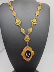 Antique Victorian Era Vermeil Medallion Chain Glass Cameo Pendant Choker 12″ SEE