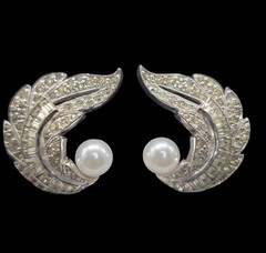 Jomaz Rhinestone Paved Winged Clip On Earrings Faux Pearl Accent Vintage Patent