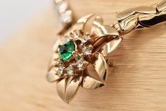 Vintage Flower Collar Choker Necklace Green Rhinestone Crystal Gold Chunky BinBN